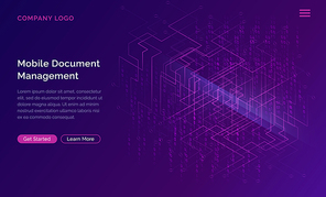 Big data waterfall or cascade, digital binary code data flow analysis visualization, isometric vector illustration. Ultraviolet horizontal banner with streams of numbers, landing page template.