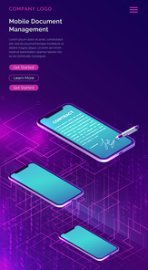 Mobile document manager or e-signature business concept vector isometric illustration. Online contract signing on digital smartphone screen, purple vertical banner with data waterfall, landing webpage