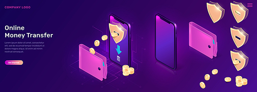Online money transfer or cash back isometric concept vector illustration. Mobile phone with shield and gold coins flying out of its screen into wallet, ultraviolet web banner, landing web page
