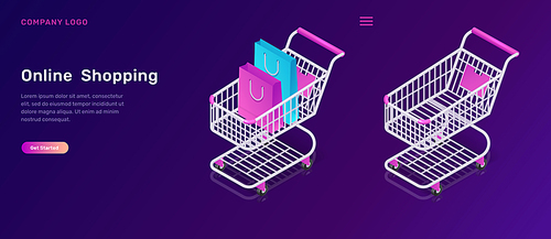 Online shopping, isometric concept vector illustration. Shopping carts empty and with bags, isolated on ultraviolet background, landing web page for mobile app