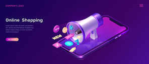Digital marketing and online shopping, isometric concept vector illustration. Mobile phone, big megaphone or loudspeaker and 3D sale and discount promo icons, landing web page, ultraviolet sale banner