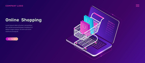 Online shopping, isometric concept vector illustration. Open laptop screen and shopping cart with bags, isolated on ultraviolet background, landing web page template