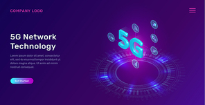 5G network technology, isometric concept vector illustration. 5G symbol wireless internet and interface icons isolated on ultraviolet background with glowing neon circle. High speed internet web page