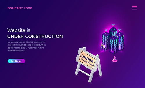 Website under construction, maintenance work or error page isometric concept vector illustration. Traffic cone, warning road traffic sign and buildings with wireless internet icon, ultraviolet banner