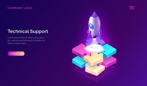 Business start up, collaboration or cooperation and technical support isometric concept vector illustration. Rocket taking off with smoke over puzzle mosaic on ultraviolet background, web banner