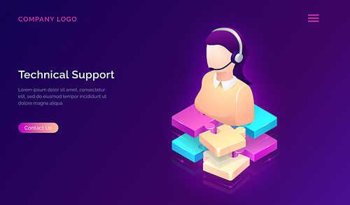 Technical support or online assistant isometric concept vector illustration. Female figure in headset, call center operator or telemarketer over puzzle elements, isolated on purple background web page