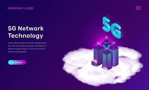 5G network technology, isometric concept vector illustration. Tall city buildings with 5G symbol wireless internet stand on white cloud isolated on ultraviolet background. High speed internet web page