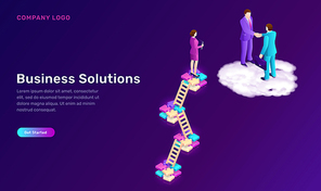 Business solution and agreement level isometric concept vector illustration. Two businessmen on cloud shake hands, female assistant on wooden stair, successful deal conclusion, cooperation development