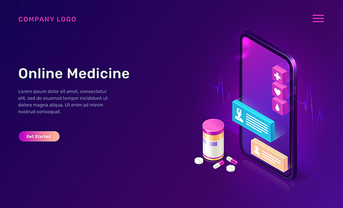Online medicine isometric concept vector illustration. Distance or telemedicine app for mobile phones. Smartphone screen with chat messages, pulse trace and pills and tablets on purple background