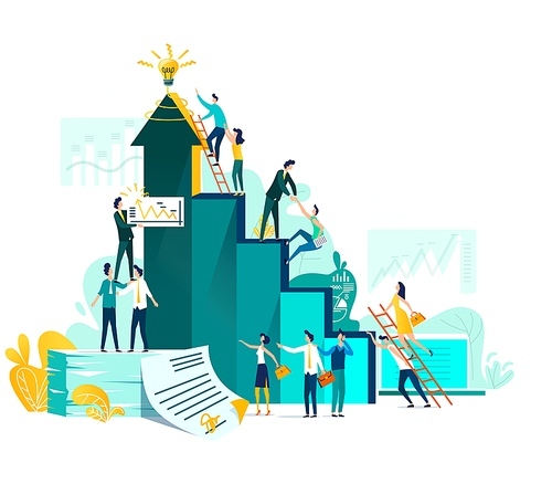 Goal achievement and teamwork business concept, career growth and cooperation for development of project, idea vector flat cartoon illustration. Ladder of success and climbing people, company staff