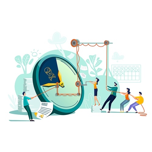 Deadline time management business concept vector. Large watches and hurried workers pulling clock hand using rope pulley or block system, trying to stop or slow down time, teamwork flat illustration