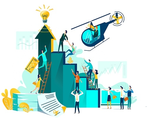 Goal achievement and teamwork businessvector concept, career growth and cooperation for development of project, idea, leader with loudspeaker in flying helicopter. Ladder of success, climbing people