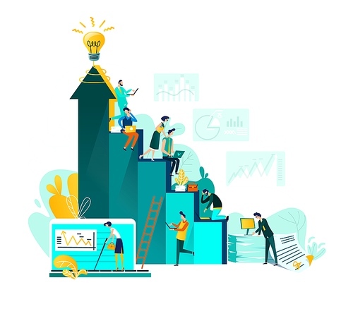 Goal achievement and teamwork business concept, career growth and cooperation for development of project, idea vector flat cartoon illustration. Ladder of success and people working at every step