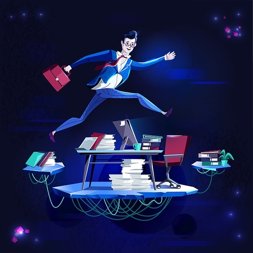 Business - running overcoming obstacles, concept vector cartoon illustration. Businessman in office suit with briefcase in hand runs and jumps over desktop with computer, in purple neon color