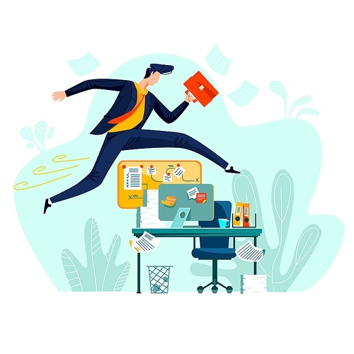 Business - running overcoming obstacles, concept vector cartoon illustration. Businessman in office suit with briefcase in hand runs and jumps over desktop with computer, metaphor about enterprise