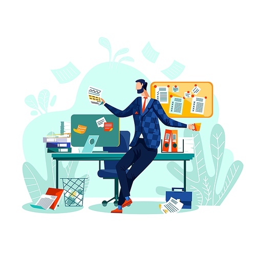 Deadline and time management business concept vector. Happy worker sits at desk, drinks coffee or tea during work break, checks his tasks. Fixed task or to-do list on board time planning method