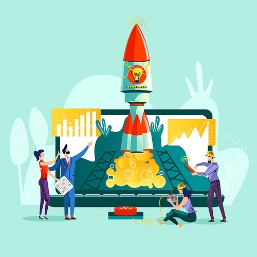 Business start up concept vector illustration. Open laptop, rocket taking off from it and team work on control, worker pushing start button. Spaceship launching is metaphor for new project beginning