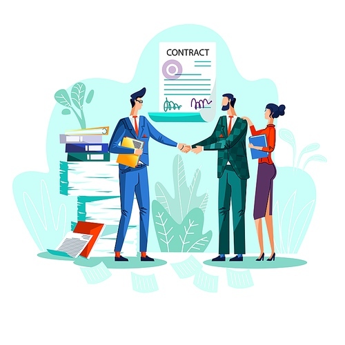 Contract conclusion concept vector illustration. Satisfied businessmen shake hands against signed agreement with seal and signatures, woman stands behind back with hand on his shoulder