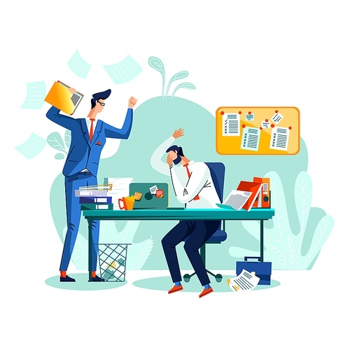 Deadline and time management business concept vector. Tired of stress worker who did not complete the task at time, isitting at his desk and covering face with hand, and angry boss screaming at him