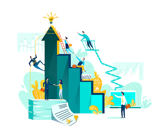 Goal achievement and teamwork business concept, career growth and cooperation for development of project, idea vector flat cartoon illustration. Ladder of success and climbing people, watching leader