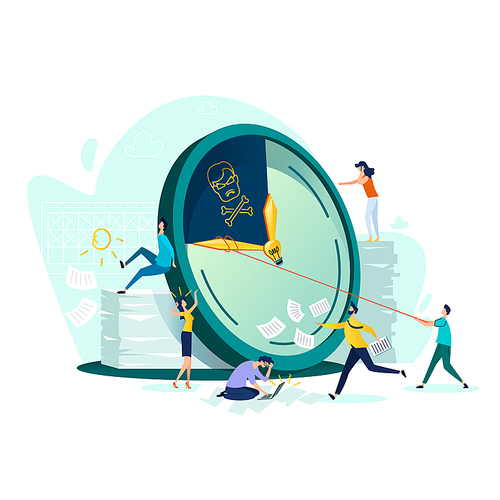 Deadline and time management business concept vector. Large watches and hurried workers pulling clock hand using rope, trying to stop or slow down time, fast teamwork flat illustration