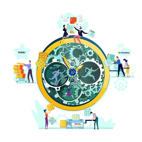 Deadline, time management, teamwork and business mechanisms concept vector. Large watches with gears and workers with task cards from to do to done. Hidden mechanisms and gears of business processes