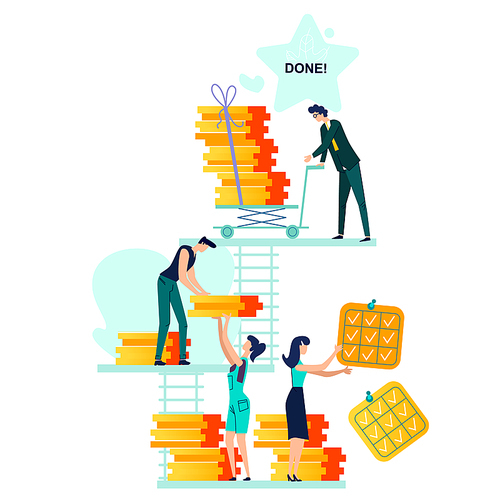 Deadline, time management and teamwork business vector. Company workers,men and women hold in hand to do task card or schedule, carrying them on push cart and put in section Done, isolated on white