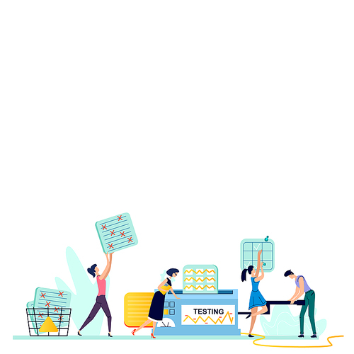 Testing process business concept vector illustration. Teamwork, man and woman, employees looking for solution to problem, rotate handle of mechanism and evaluate test results