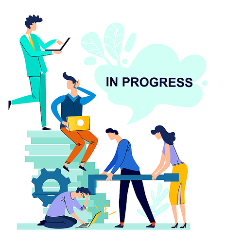 In progress business concept vector illustration. Teamwork, men and woman, company employees looking for solution to problem, rotate handle of mechanism, set in motion business gear