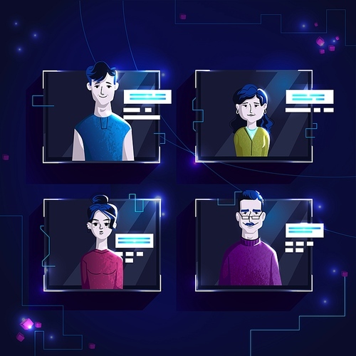 modern people avatars in casual clothes, set vector cartoon illustration. men and women with individual faces and hair, in light digital  on dark blue computer background, picture for web profile