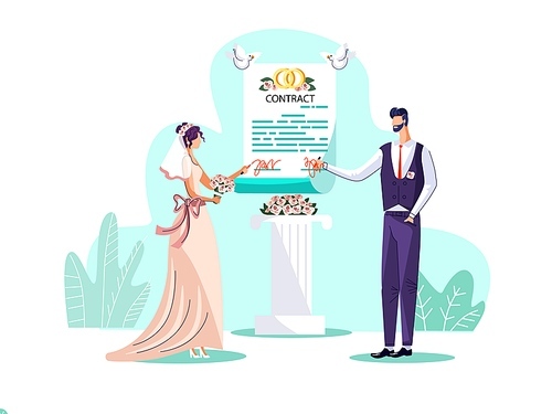 Marriage contract concept vector illustration. Couple of newlyweds, bride and groom sign marriage agreement during wedding ceremony, husband and wife register obligations. Wedding invitation card