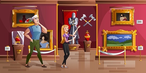 Museum exhibition room cartoon vector illustration. Palace interior or art gallery of medieval castle, visitors in hall with ancient portraits, knight armor statue and ancient weapons, game background