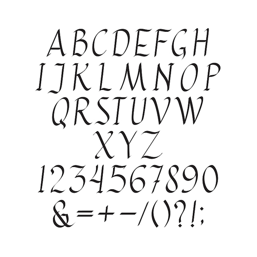 Elegant italic font vector illustration. Set of unique decorative black uppercase alphabet letters, numbers, symbols and signs on white background. Latin alphabet in design symbols