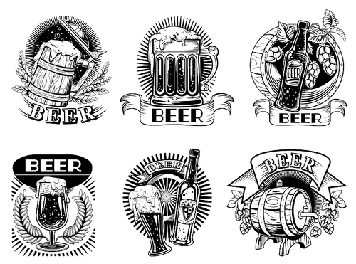 Beer icons or badges, set vector illustrations. Beer labels with bottles and mugs with foaming alcohol drink, wooden barrel, wheat ears and hop cones isolated on white 