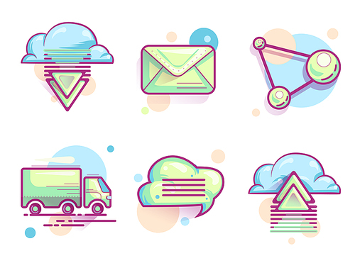 Cloud email icons, set vector illustrations. Modern color pictograms cloud with arrows or upload, download, envelope or mail, delivery truck isolated on white .