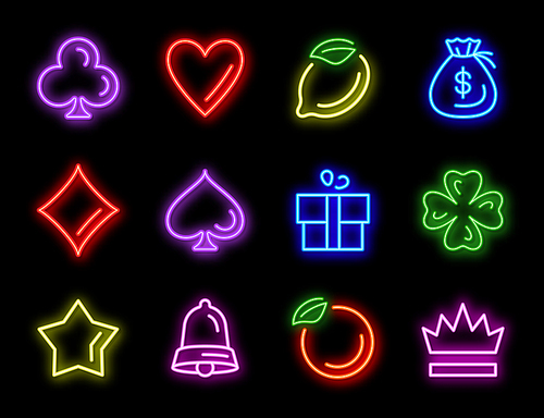 slot machine neon vector icons for casino gambling on black . glowing symbols for slot games, golden star, red heart, crown, money bag and playing cards suits