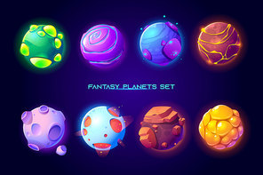 Fantasy space planets for ui galaxy game. Vector cartoon icons set of magic alien world, fantastic cosmic objects with stones, liquid core, holes and spiral. Fantastic astronomy collection