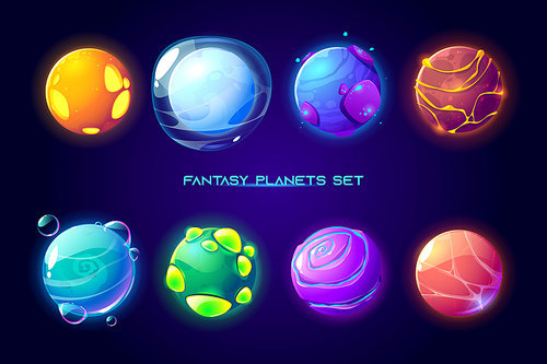 Fantasy space planets for ui galaxy game. Vector cartoon icons set of magic alien world, fantastic cosmic objects with bubbles, ice cover, holes and spiral. Fantastic astronomy collection