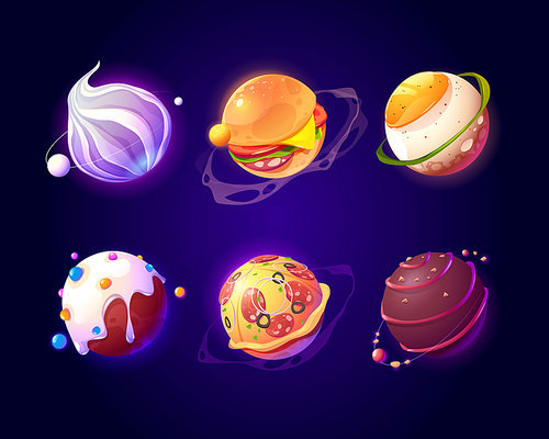 Food planets in outer space. Vector cartoon funny set of spheres with donut, pizza,  candy, burger and fried egg texture. Comic set of fantasy tasty galaxy world