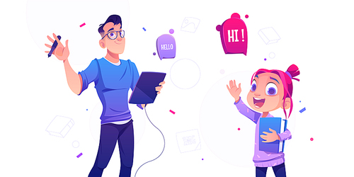 Man illustrator hold tablet and pen and cheerful little girl with book waving hands in greeting gesture saying hello. Profession of artist, graphic designer painting images Cartoon vector illustration
