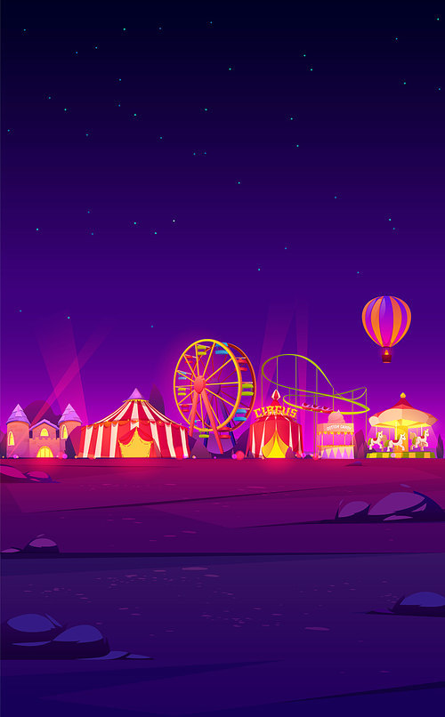 Smartphone background theme with carnival funfair at night. Vector template for mobile phone screen saver with dark landscape with illuminated circus and amusement park