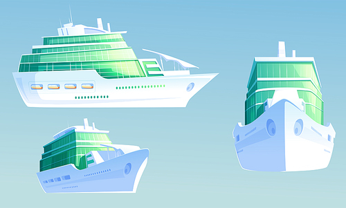 Cruise ship. Luxury passenger liner for summer vacation and sea travel. Vector cartoon illustration of big cruise ship for ocean trip in front and side view