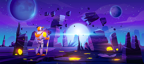 Astronaut on alien planet in far galaxy. Cosmonaut in suit and helmet explore outer space. Vector cartoon illustration of spaceman, cosmos and planet surface with rocks, cracks and glowing spots