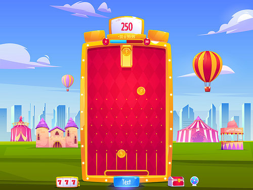Mobile game app background, application vertical interface. Ui or Gui arcade with city fair, golden coins falling to slots on red field, medieval castle and big top tent, cartoon vector illustration