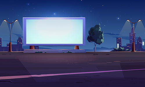 Blank billboard display on roadside with glowing street lamps on night cityscape background. Empty white LCD screen for advertising video presentation, outdoor cinema. Cartoon vector illustration