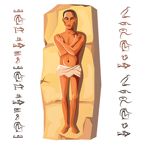 Egyptian man dead body, mummification process first stage, vector cartoon illustration. Human corpse with hands chest is lying on stone, isolated on white . Cult of dead from ancient Egypt