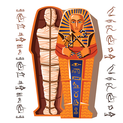 Pharaoh mummy cartoon vector illustration. Mummification process end, embalming dead body, human corpse is wrapping with cloth linen and placing in sarcophagus. Cult of dead from ancient Egypt