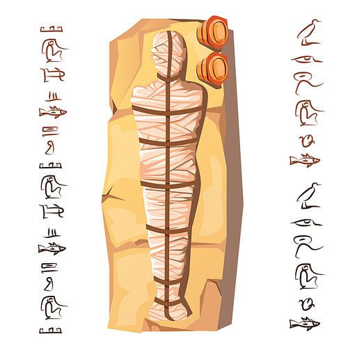 Mummy creation cartoon vector illustration. Mummification process stage, embalming dead body, human corpse is wrapping with cloth linen, lying on stone next hieroglyphs Cult of dead from ancient Egypt