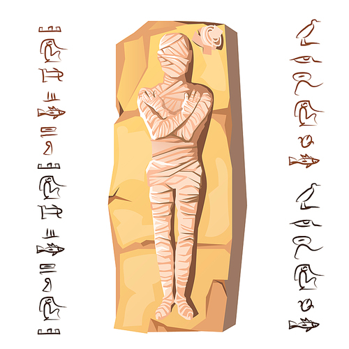 Mummy creation cartoon vector illustration. Mummification process stage, embalming dead body, human corpse is wrapping with cloth linen, lying on stone next hieroglyphs Cult of dead from ancient Egypt