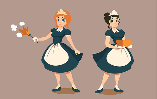 Housemaids with duster and stack of linen or towels. Happy young girls in black maid uniform. Female housekeepers in hotel or luxury house, cleaning service. Cartoon characters vector illustration